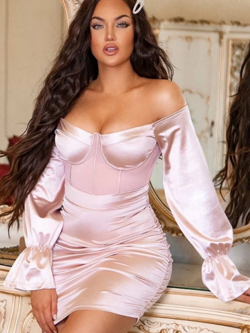 PrettyLittleThing Pink Satin Corset Mesh Bardot Ruched Mini Dress US 6